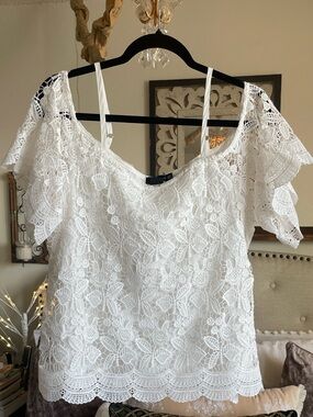 Miss Chievous|Boho White Crochet Lace Blouse Cottagecore Romantic|XL|EUC